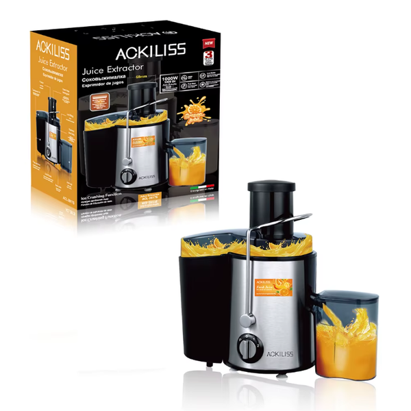 Extractor de jugos ACKILISS 1000W con boca ancha 75mm y recipientes incluidos