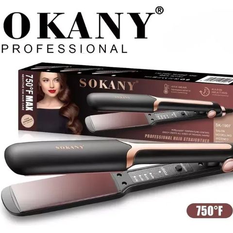 Plancha profesional SOKANY placas anchas 29cm en negro y dorado