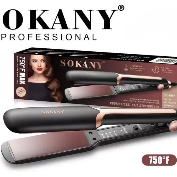 Plancha profesional SOKANY placas anchas 29cm en negro y dorado